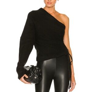 NWT RtA Black One Shoulder Athena Blouson Sleeve Knit Banded Hem Sweater Large